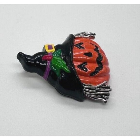 BEST Jack O Lantern Pumpkin Brooch Pierced Earrings Set Enamel Halloween Witch - Picture 3 of 14